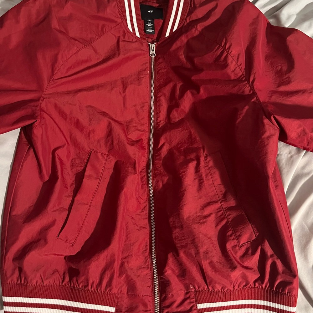 H&M Red Varsity Bomber Jacket with Striped Ribbing